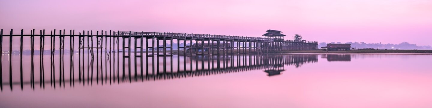 Panoramic view of the U Bein Bridge at dawn, Amarapura, Myanmar