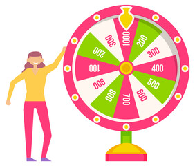 Game fortune wheel. Girl playing risk game with fortune wheel and lottery. Casino and gambling vector. Illustration of casino fortune, wheel winner game. Woman won, joyfully raised her hands up