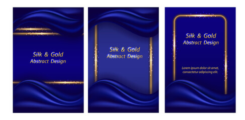 Luxury background with blue silk wave and golden glowing borders, Smooth realistic deep blue satin texture curtain and golden shine. Banner or poster design. Vector illustration