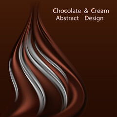 Chocolate creamy wave swirl. Dark brown chocolate and milk melted, smooth color flow, silk texture. Banner or poster background. Vector illustration