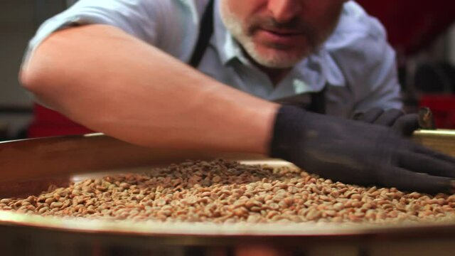 Production of fresh fried coffee beans roasting factory process , prepared coffee beans mixing around on a cooling plate of an oven. Close up view. 4k