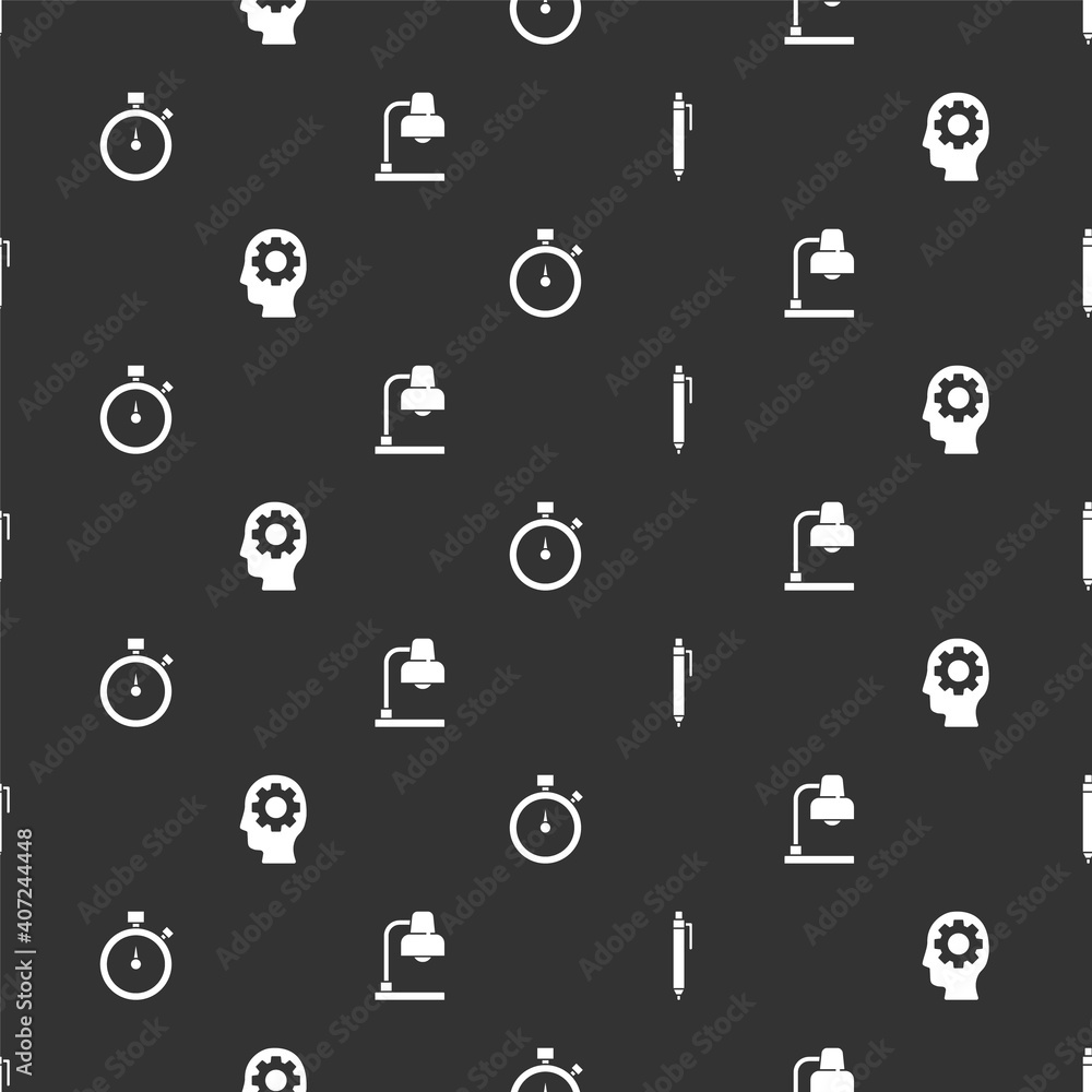 Poster set pen, head with gear inside, stopwatch and table lamp on seamless pattern. vector.