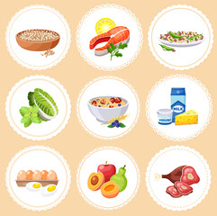 Set of banners, stickers for the recipe cards. Images of products in round lace frames for cooking dishes vegetables, dairy products, fish and meat, fruit, eggs, beans, quinoa for the recipe book
