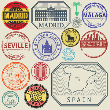 Travel stamps or adventure symbols set Spain theme