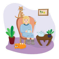 A woman sits at home in a chair with her pets. Time for tea. Find the cat who is hiding. Count the cats. Cozy living room interior with flowers and a picture on the wall. animals best friends. vector.