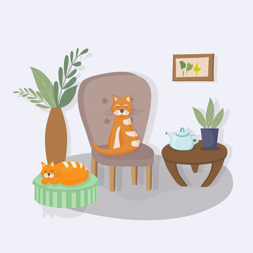 Cozy interior of the living room in the house. Cat sitting on an armchair, another sleeping on a soft pouffe. Apartment decorated in Scandinavian style hygge. Plants in pots. Favorite pets. Vector.