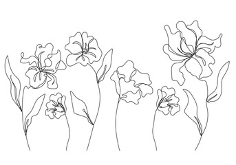 Continuous Line Drawing Set Of Plants Black Sketch Isolated on White Background. Flowers One Line Illustration. Minimalist Prints Set. Vector EPS 10.