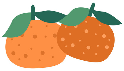Orange tangerines with green leaves vector illustration. Sweet and sour citrus isolated on a white background. Tree fruit with dark speck. Mandarines plucked with a twig and leaves, grown in Greece