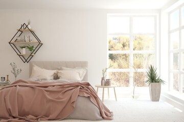 White bedroom interior. Scandinavian design. 3D illustration © AntonSh