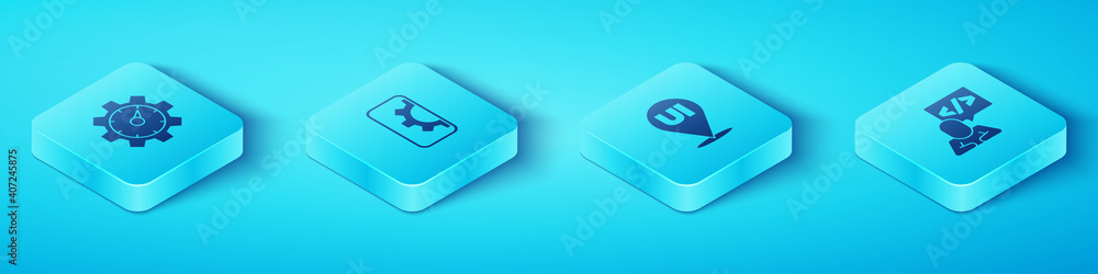 Wall mural set isometric website statistic, development, front end and ui or ux design icon. vector.