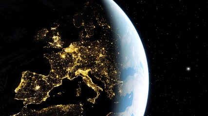 Europe from space, earth lights from space, city lights from space, EU satellite view 3D render