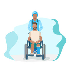 A nurse is driving a patient with a broken leg in a wheelchair. Doctor and patient. Flat background vector illustration.