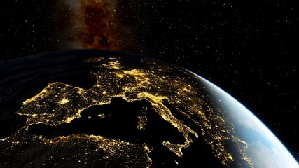 Europe from space, earth lights from space, city lights from space, EU satellite view 3D render