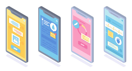 Set of flat isometric smartphones illustration. Online communication between doctor and patient. Drugs prescription, diagnosis tests, cardiological consultation. Medical communication and healthcare