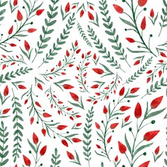Hand Drawing Watercolor Green Red Plants Seamless Pattern