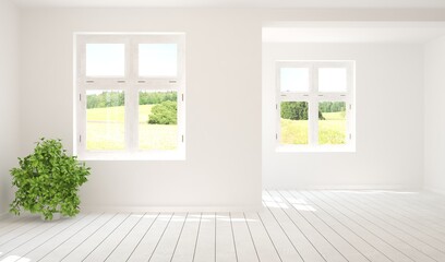 White empty room with summer landscape in window. Scandinavian interior design. 3D illustration