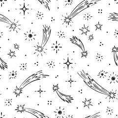Space Background with Falling Stars. Meteor Shower. Starry sky Wallpaper. Hand Drawn doodle Star Seamless Pattern. Meteorites and Comets Vector illustration. Shooting stars
