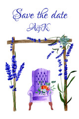 Wedding ceremony arch. Beautiful wedding decor. Watercolor invitation.
