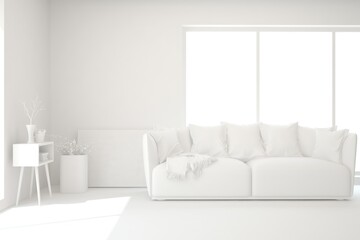 White minimalist living room with sofa. Scandinavian interior design. 3D illustration