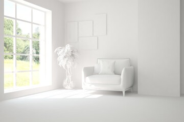 Mock up of stylish room in white color with armchair. Scandinavian interior design. 3D illustration