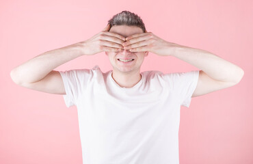 Smiling white man. Closed eyes. Male face smile. I dream of traveling. Clean skin treatment. Laugh,...