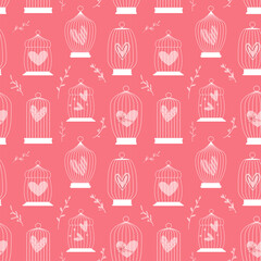 Concept retro seamless pattern with birds cage and hearts inside. monochrome vector illustration.