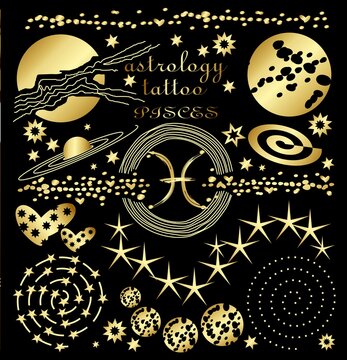 Set of gold tattoo on the theme of astrology. Astrology, esoteric, astronomy, celestial.