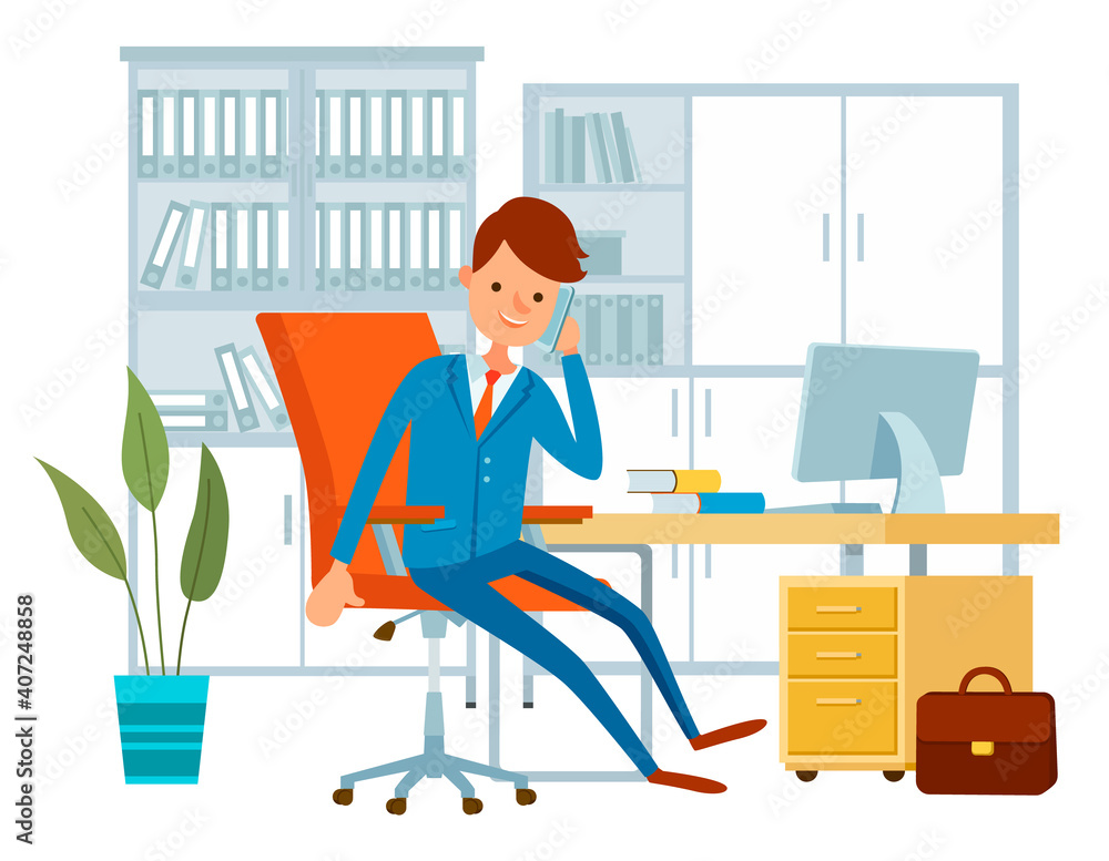 Poster businessman working at the computer sitting at a table in office space. smiling man dressed formally