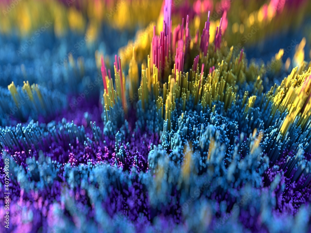 Poster scatter topographic landscape based on colorful cubes. abstract background with depth of field in bl