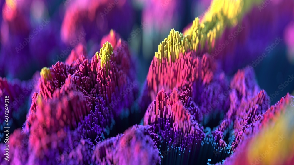 Poster scatter topographic landscape based on colorful cubes. abstract background with depth of field in pi