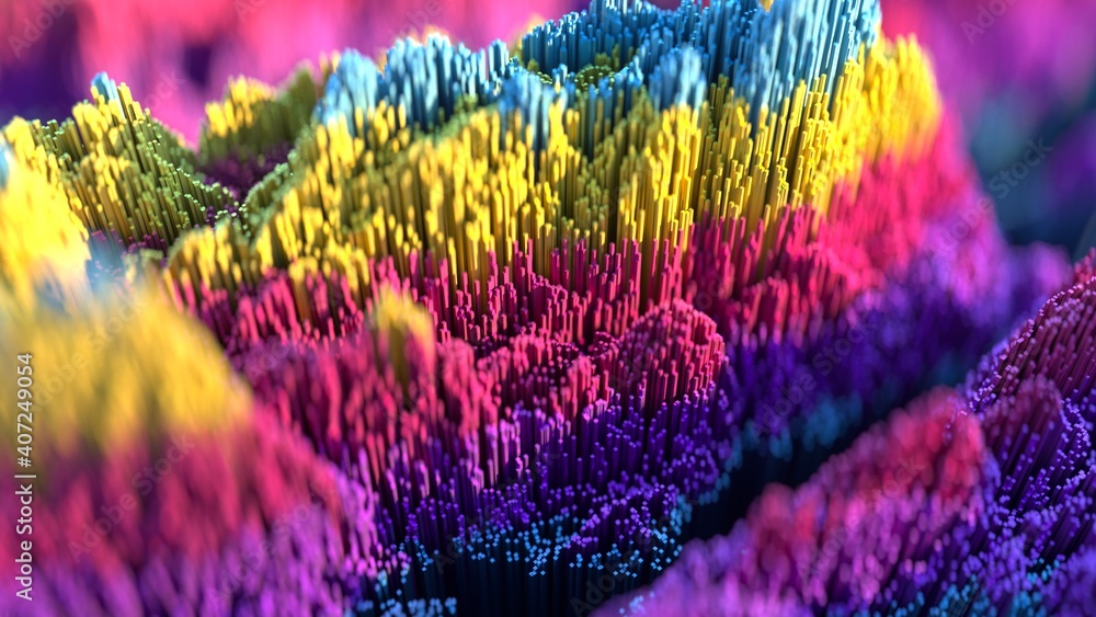 Poster scatter topographic landscape based on colorful cubes. abstract background with depth of field in pi