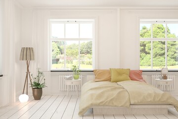 Stylish bedroom in white color with summer landscape in window. Scandinavian interior design. 3D illustration