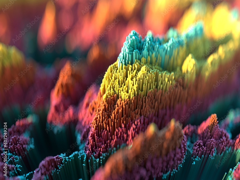 Poster scatter topographic landscape based on colorful cubes. abstract background with depth of field in re