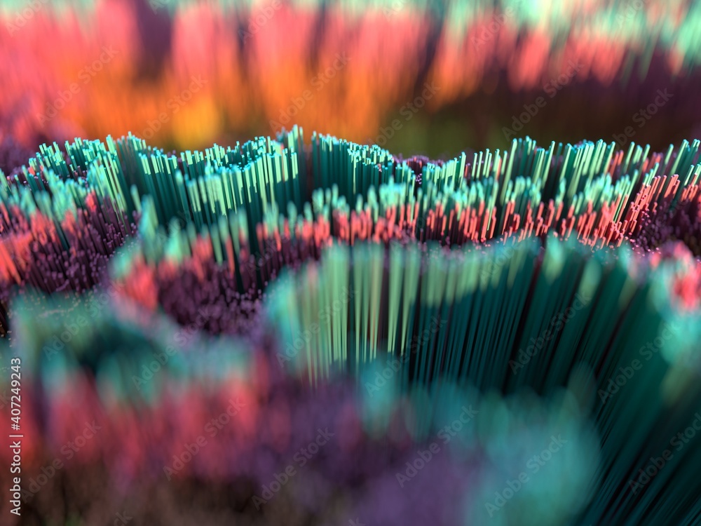 Poster scatter topographic landscape based on colorful cubes. abstract background with depth of field in re