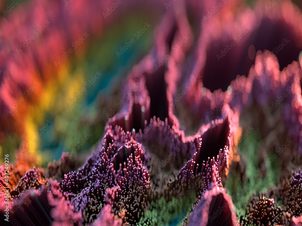 Poster scatter topographic landscape based on colorful cubes. abstract background with depth of field in re