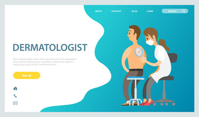 Dermatologist examines a spot from a man patient with magnifying glass in clinic landing page. Medical procedure dermatoscopy. Doctor looking at a patients skin, therapist, oncologist examines a mole