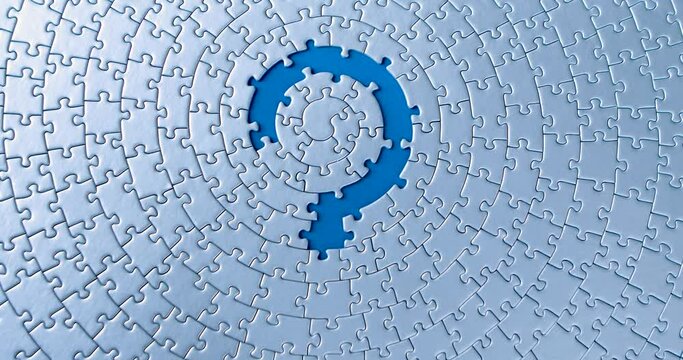 Gray circular puzzles stacked on blue background canvas. Female hand is putting down piece, destroying question mark sign. Business solution decision found. Solving problem, issue, task concept.