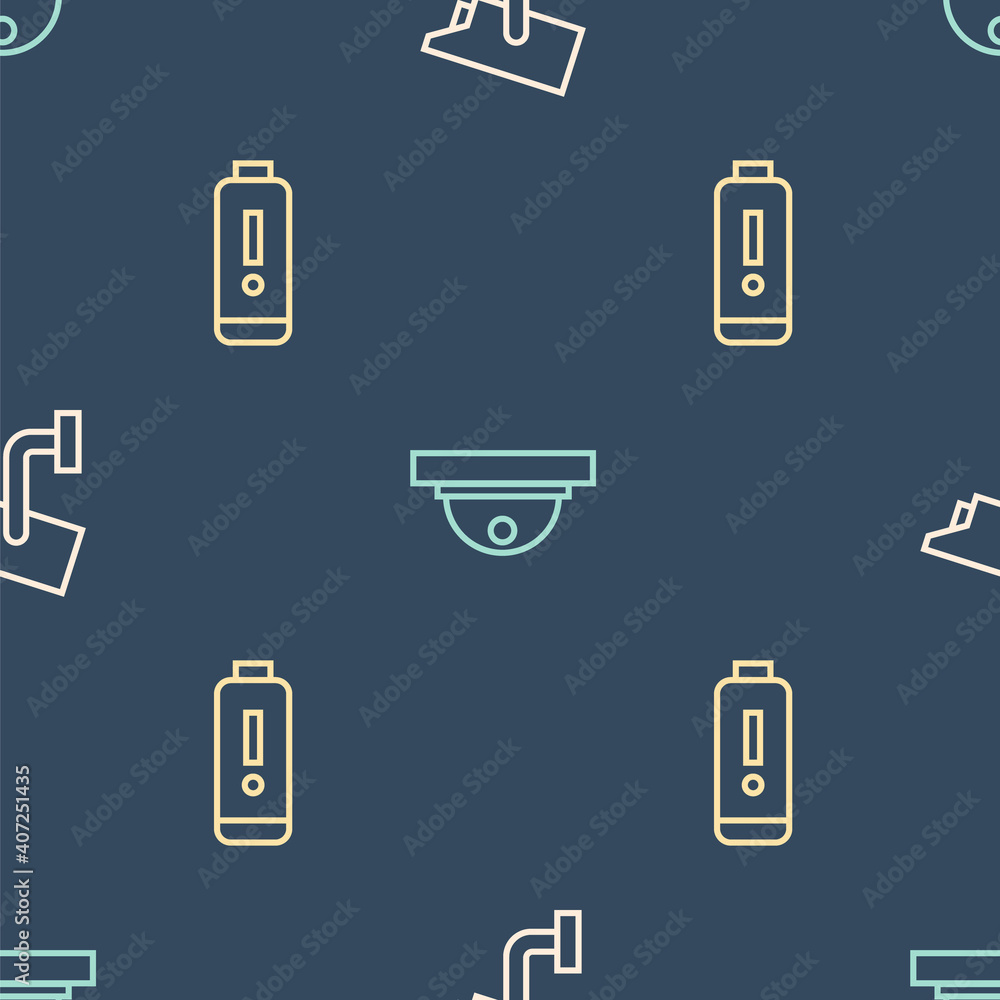 Poster set line security camera, battery charge level indicator and motion sensor on seamless pattern. vect