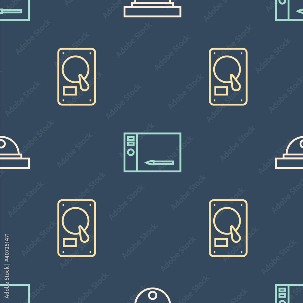 Poster set line motion sensor, hard disk drive hdd and graphic tablet on seamless pattern. vector.