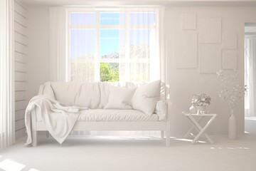 White living room with sofa and summer landscape in window. Scandinavian interior design. 3D illustration