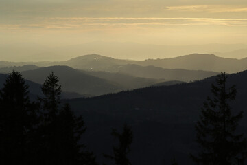 Sunset in the mountains, Zywiec Beskids, Poland