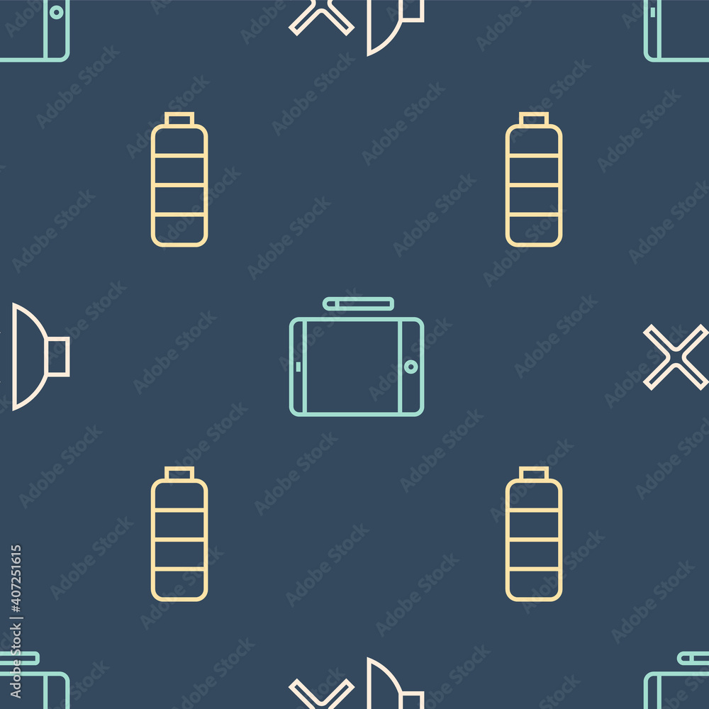 Poster set line speaker mute, battery charge level indicator and graphic tablet on seamless pattern. vector