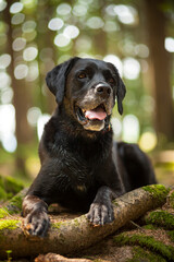 Black labrador retriever dog on a walk. Dog in the nature. Senior dog behind grass and forest. Old...