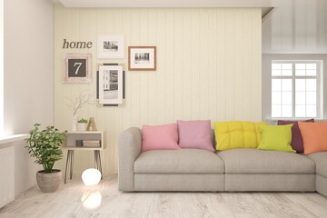 White living room with sofa. Scandinavian interior design. 3D illustration