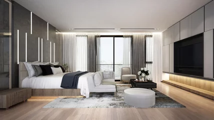 Fotobehang Hotel chique Modern bedroom interior mock up, wooden rattan bed on empty marble wall background, Scandinavian style, 3d render   © teeraphan