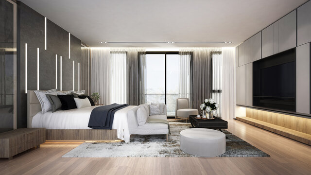 Modern bedroom interior mock up, wooden rattan bed on empty marble wall background, Scandinavian style, 3d render 