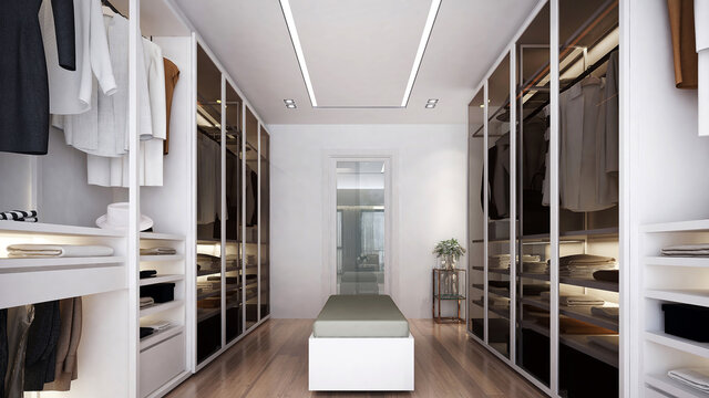 Modern style walk in closet room with white island. Minimalist closet  room design, and empty wall background, 3D illustration