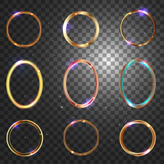 Gold frame. Round and oval frames for designs and photos. Glowing sparkles and stars on the frames. Isolated, transparent background.
