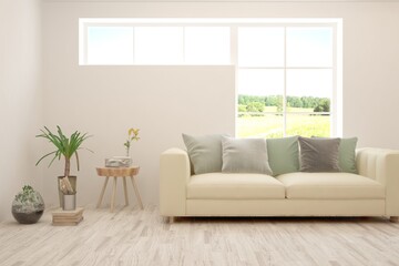 White living room with sofa and summer landscape in window. Scandinavian interior design. 3D illustration