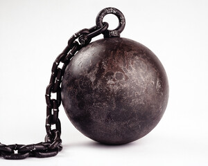 Metal weight ball on chain. On white background isolated.